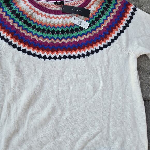 Talbots Womens XL Sweater Cream Fair Isle Pink Blue Wool Nylon 3/4 Sleeve - Picture 9 of 9